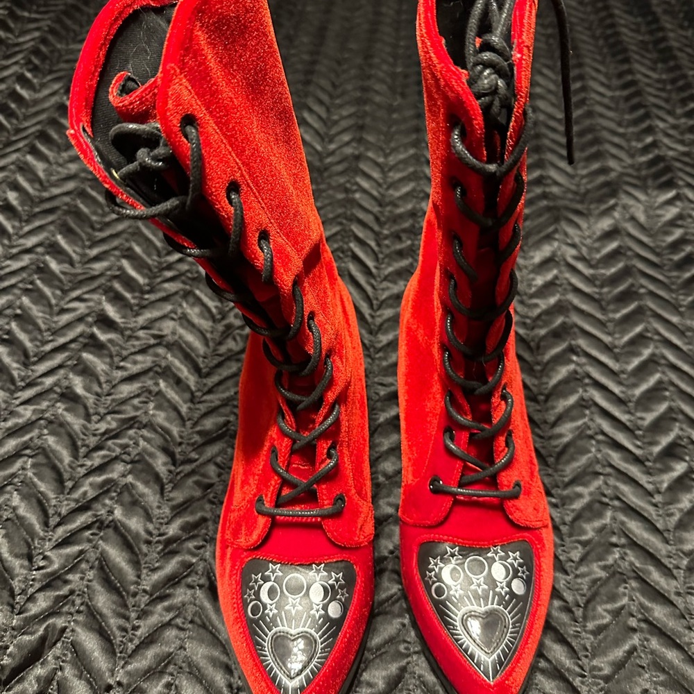 Vibrant Red Lace-Up Velvet Boot
